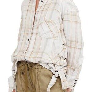 Free People Nordic Day Cozy Flannel Top Ivory Plaid Lace-Up Sides Size L
